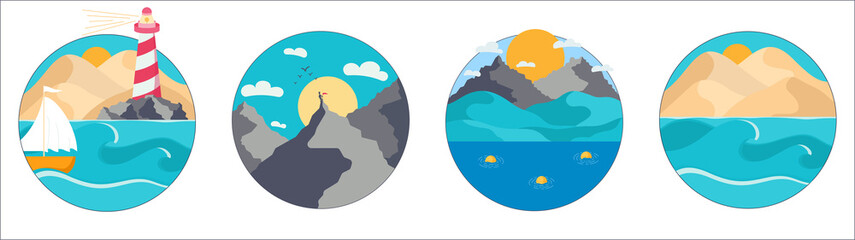 Set of a round simple landscape of a desert hills, lighthouse, boat into the ocean, mountain, hills, background template. Vector illustration in a flat style. Vector illustration