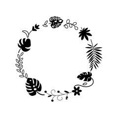 Exotic leaves wreath circle frame. Black filled contour. Monstera, palm foliage. Vector stock illustration