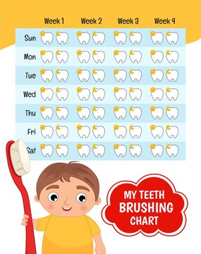 Teeth brushing chart. Protection teeth concept. Vector illustration of a cute boy with a toothbrush in his hands.
