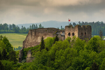 Fototapeta na wymiar Beautiful landscape panorama in Podhale with Czorsztyn Castle, Poland