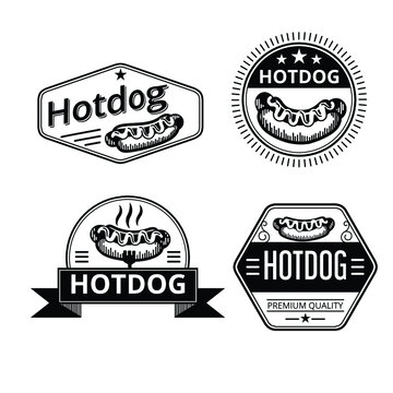 sets of logo for hot dog food industry, there are vintage logos in black and white color and hand drawn hot dog drawing  