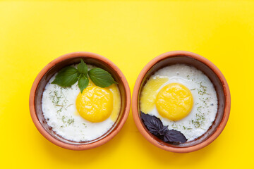 Cooking eggs in a frying pan. Time Lapse. Top view.