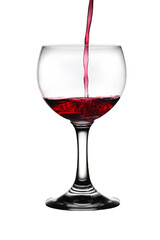 Red wine pour into the glass on white background