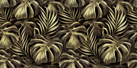 Golden seamless pattern with shiny monstera, palm leaves. Tropical exotic vintage hand-drawn 3d illustration. Premium bright background art design. Luxury wallpapers, mural, clothes, fabric printing