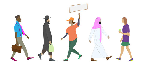 Fototapeta na wymiar Isolated multicultural people walking side view. Cartoon people in different postures while walking. Set of vector images of passersby pedestrians.