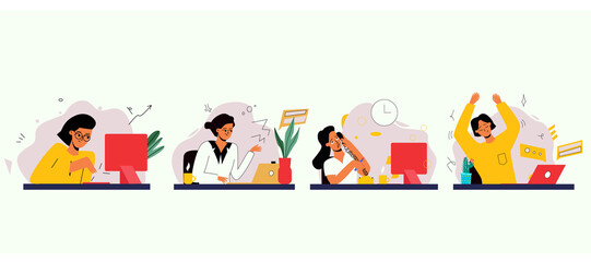 A girl at work, a set of illustrations for business. The woman responds to the letter. A woman is talking on the phone at work. A woman does a warm-up at her desk. Flat trend illustrations 