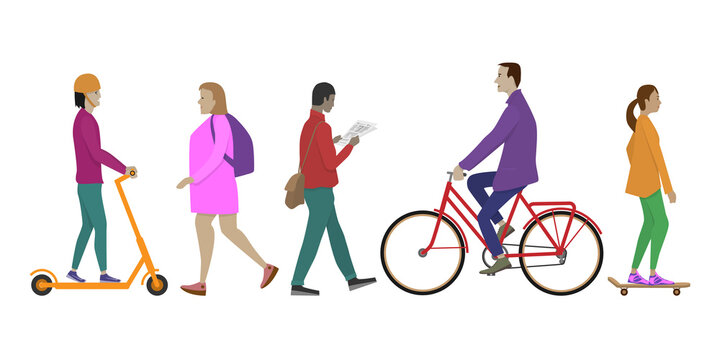Isolated people walking side view. People use scooter, bike, skate, backpack, newspaper while walking. Set of vector images of passersby.