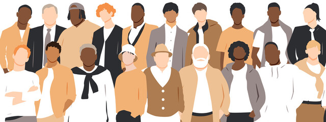 Men of different ethnicities stand side by side together. Flat vector illustration.