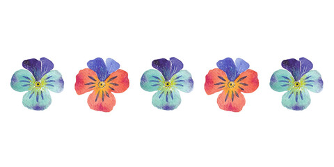 Border of hand-drawn watercolor pansies flowers on a white background. Use for menus, invitations, wedding