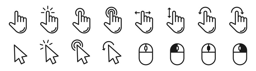 Hand pointer cursor mouse icon set. Black finger touch screen symbol, clicking cursor arrow, mouse computer key. Click, tap, swipe, slide , hand signs. Isolated UI vector design on white background.