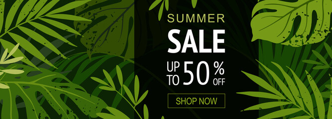 Sale horizontal banner. Poster with tropical green leaves. Summer floral tropical background. Vector illustration for advertisements, special offers, social networks, web