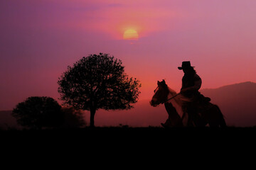 The silhouette of the cowboy and the setting sunset