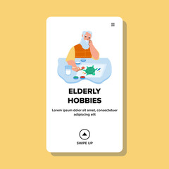 Hobbies Of Elderly Man In Nursing Home Vector. Grandfather Leisure Time And Hobbies Activity, Senior Drawing Picture With Brush And Paint On Paper. Character Creative Web Flat Cartoon Illustration