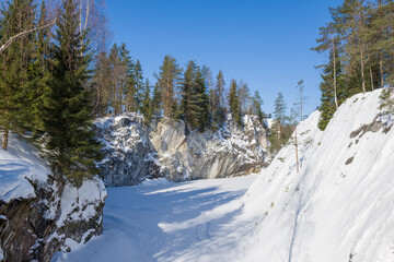 Sunny March day in the Marble Canyon. Ruskeala Mountain Park. Karelia, Russia