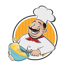 cartoon logo of a happy chef preparing meal with bowl and whisk
