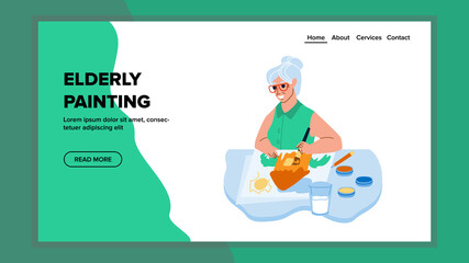 Obraz premium Elderly Woman Painting Creative Picture Vector. Senior Lady Painting Image In Art Studio With Paint And Brush. Character Drawing And Enjoying On Retired Web Flat Cartoon Illustration