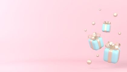Blue gift boxes with golden pearls on pastel pink background. 3D rendering illustration for banner, flyer, poster, presentation, sale, discount, greeting card, invitation. 