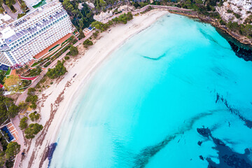 beach and sea of ibiza,  spain. yellow and white sand with blue water
