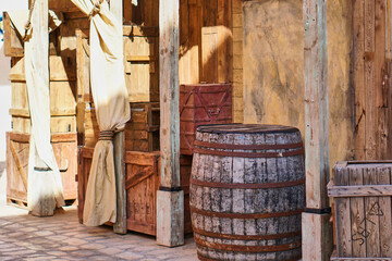 A barrel in greece. Small streets in the resort town. Siesta otpus and relaxation. City decor.