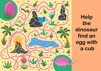 Naklejka premium Help dinosaur find path to nest. Labyrinth. Maze game for kids. Help dino moms to find their eggs kid learning game with maze.