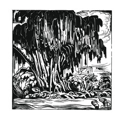 Down by the riverside. Trees, water and herons. Woodcut style illustration. Perfect for bottle labels or packaging. 