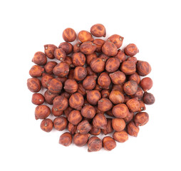 Pile of brown chickpeas, isolated on white background. Brown chickpea. Garbanzo, bengal gram or chick pea bean. Top view.
