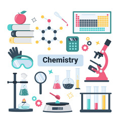School chemistry set, collection of laboratory equipment: microscope, burner, gloves, tubes, pipette, etc. Chemical experiment, science research. Vector flat design elements