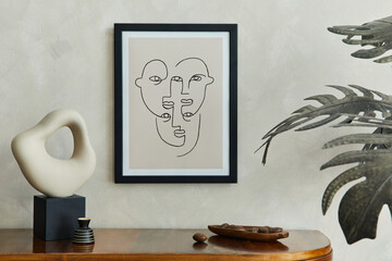 Stylish minimlistic composition of elegant living room interior with mock up poster frame, creative...