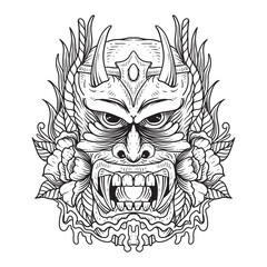 tattoo and t shirt design skull dragon and flower line art engraing style black and white