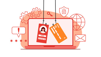 The criminal behind a laptop, computer. Hidden mining. Phishing notifications. Account hacking. A fraudster steals a bank card. Network security. Internet phishing, hacked username and password.