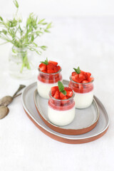 Italian dessert panna cotta with fruit jelly and fresh pieces of strawberries on white background. Copy space
