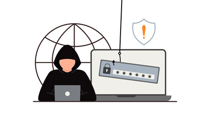 Hacker attack. Fraud with user data on social networks. Credit or debit card theft. Internet phishing, hacked username and password. Cybercrime and crime. A thief on a website online on the internet. - obrazy, fototapety, plakaty