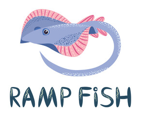 Stingray sails among the fish on a white background. illustration on a sea theme in a cartoon childlike style.