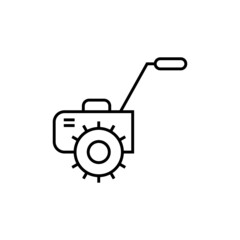 Motoblock plow icon in flat black line style, isolated on white background 