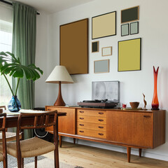 Modern scandinavian home interior of living room with design retro furniture, tropical palm,...