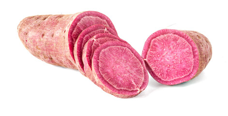 purple sweet potato and purple sweet potato sliced on white background