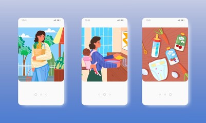 Single pregnant woman, mom with newborn baby. Mobile app screens, vector website banner template. UI, web site design.