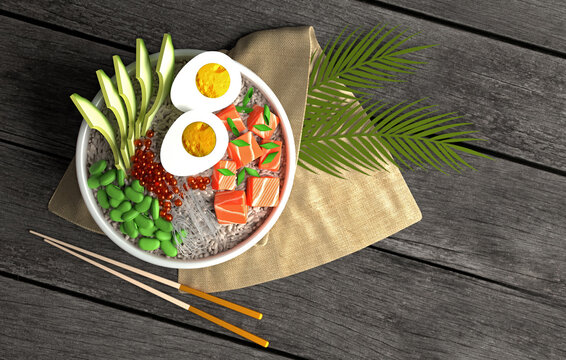 3d rendered image of Hawaiian Poke bowl. Salmon fish poke bowl with rice, avocado, egg, onion, beans and red caviar