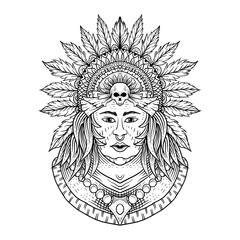 Native American Indian chief head profile. Vector vintage illustration. Hand drawn style. Bohemian element. Tattoo