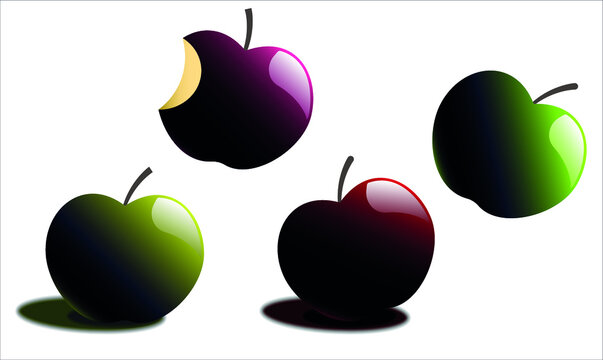 Äpfel, Glanz und Schatten, verschiedene Farben, ein angebissener Apfel