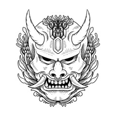 tattoo hand drawn line art black and white Hannya mask design on geometry ornament for t-shirt. sticker, or poster.