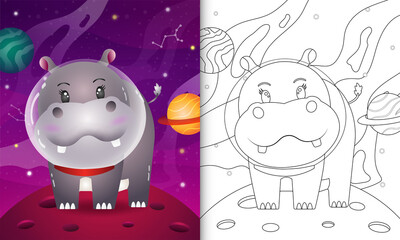 coloring book for kids with a cute hippo in the space galaxy