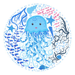 Funny jellyfish hand-drawn among seashells, algae, fish. Cute marine life, Scandinavian style, detailed