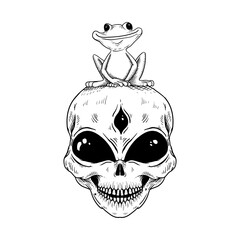 tattoo and t shirt design alien frog line art engraving style