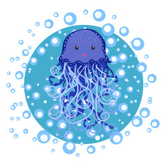 Funny jellyfish hand drawn among water bubbles. Cute marine life, Scandinavian style, detailed