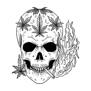 tattoo and t shirt design skull and weed smoking black and white line art