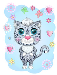 Cartoon snow leopard with expressive eyes among flowers, hearts, decorative elements. Wild animals, character, childish cute style.