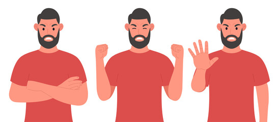Bearded man in different poses shows the emotion of aggression. Angry male character. Vector illustration.
