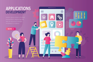 Development team customize and optimizes app. Various icons on mobile phone screen.