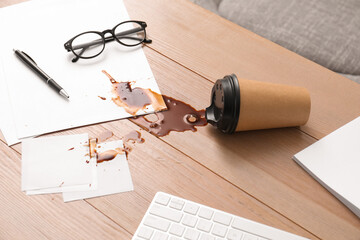 Fototapeta premium Paper cup with coffee spill on wooden office desk